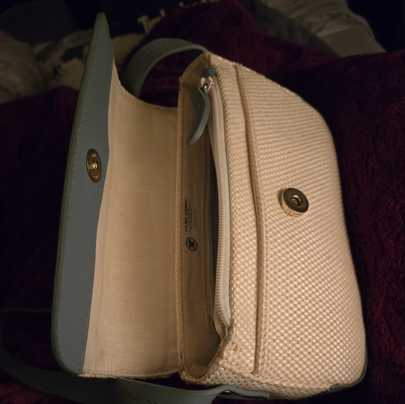 Vintage Etienne Aigner 3 pc Set Woven Straw Blue & Cream - Picture 2 of 16